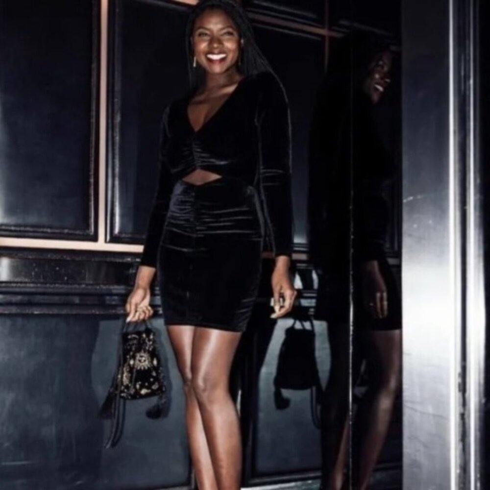 Abercrombie Velvet Cutout Ruched Long Sleeve Black Mini Dress
